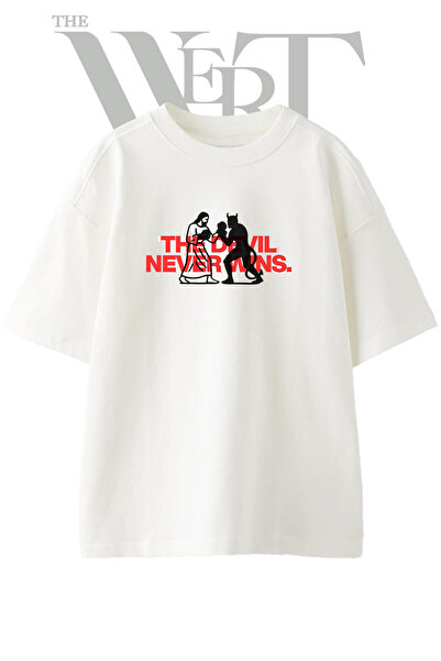 THEWERT Tricou oversize alb unisex cu imprimeu Jesus Devil Boxing Design