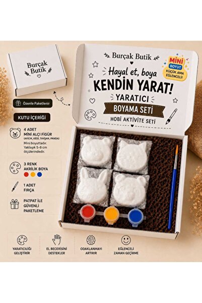 Burçak Butik 4'lü Alçı Boyama Aktivite Seti - 4 Mini Figür, 3 Boya, 1 Fırça -...