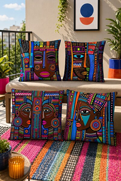 EVPANYA Colorful Abstract African Girl Patterned 4-Piece Throw Pillow Cover Set
