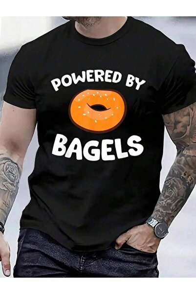 799 تي شيرت 100% قطن بطبعة Breakfast Love Bagel Powered By Bagels للرجال والن...