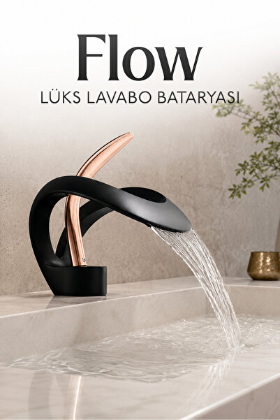 Badem10 Flow Lavabo Bataryası Şelale Çıkışlı Mat Siyah Rose Gold Pirinç Gövde...