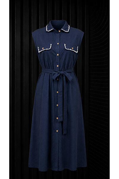 studio fashion 1988 Navy Blue Natural Cotton Linen Belted Shirt Collar Midi D...