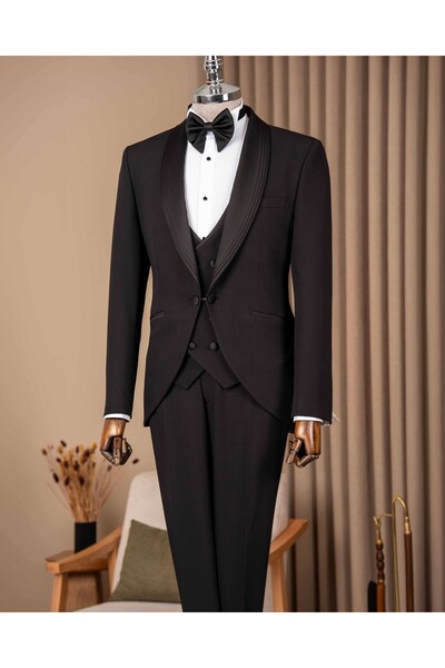 TerziAdemAltun Slim fit erkek şal yaka ceket yelek pantolon damatlık set siya...