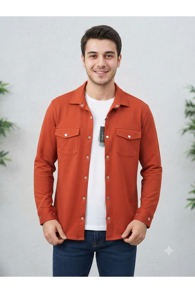 ROSSO Erkek Kiremit Rengi Çıtçıtlı Cepli / Casual Gömlek