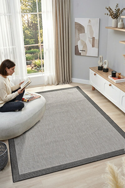 Ellya Home Terra Bej Siyah Sisal Halı Dokuma Taban İnce Yumuşak Silinebilir J...
