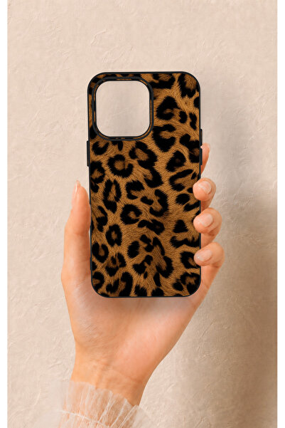Vip Case iPhone 15 Pro Max Uyumlu Koyu Leopar Deri Desenli Silikon Kılıf