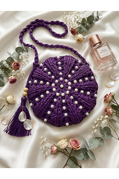Verda Desing Pearl Embellishment Detailed Round Macaron Straw Lilac Purple Co...