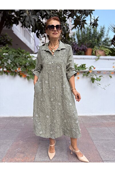 DenizEge Italian Embossed Embroidered Long Dress Khaki