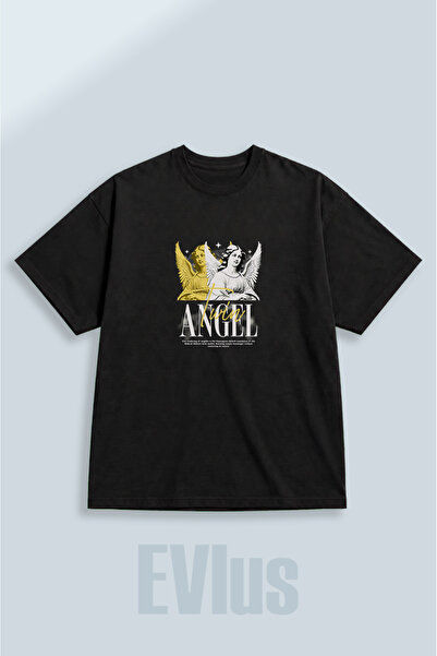 EVIus Tricou negru supradimensionat, cu imprimeu Angel, 100% bumbac, cu decol...