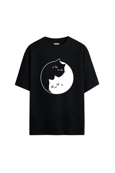 Yin Yang Kedi Baskılı PREMİUM Bisiklet Yaka %100 Pamuk kısa kollu Oversize Tshirt E-11