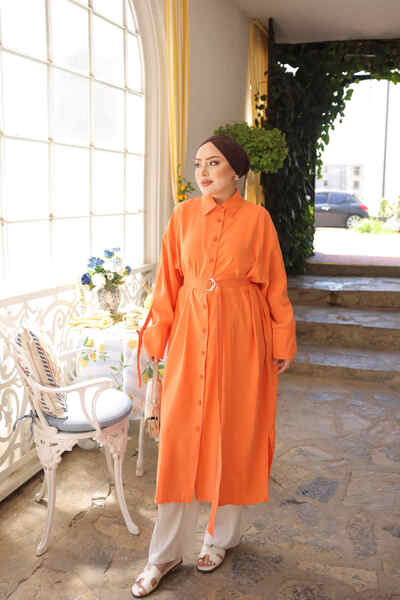 İmajButik Orange Belted Oversize Tunic with Pockets