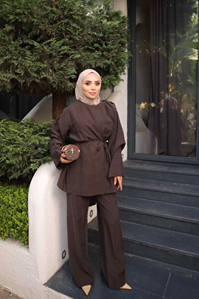 İmajButik Brown Shoulder Buckle Tunic and Trousers Set