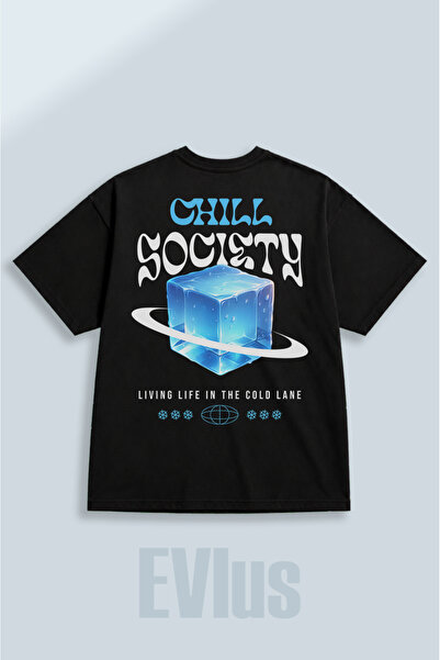 EVIus Tricou negru oversize, cu imprimeu Chill Society, 100% bumbac, cu decol...