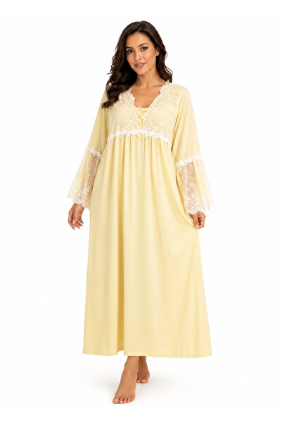 Noom Nightwear Long Nightgown with Lace on the Chest Long Sleeve Cotton