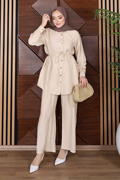 Tesettür Dünyası Drawstring Waist Stitched Detail Suit Tsd260253 Beige