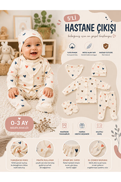 Movamirbaby 5 PARÇA KALP DESENLİ KIZ BEBEK YENİDOĞAN HASTANE ÇIKIŞ SETİ %100 ...