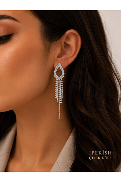 İpekish Şık Abiye Çelik Küpe | Silver Renk Zirkon Taşlı Damla Model Sallantılı Çivi Küpe