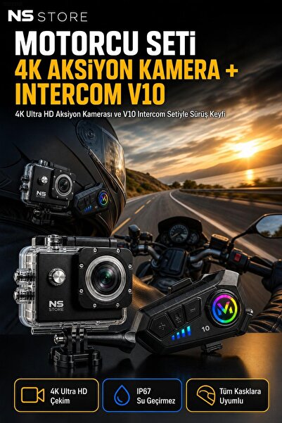 NS Store 4K Ultra HD Motorcu Aksiyon Kamera ve V10 Kask Intercom Sürüş İletiş...