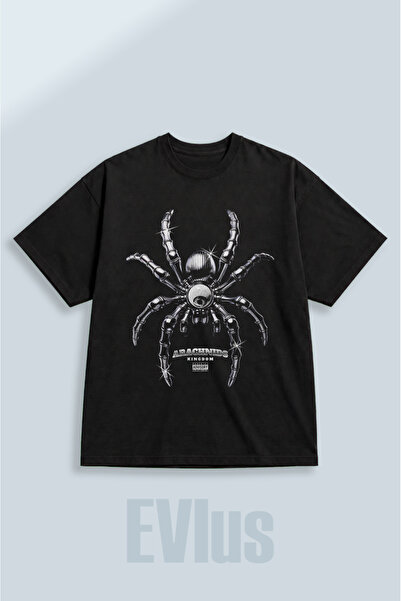 EVIus Tricou negru oversize, cu imprimeu cu păianjeni, 100% bumbac, cu decolt...
