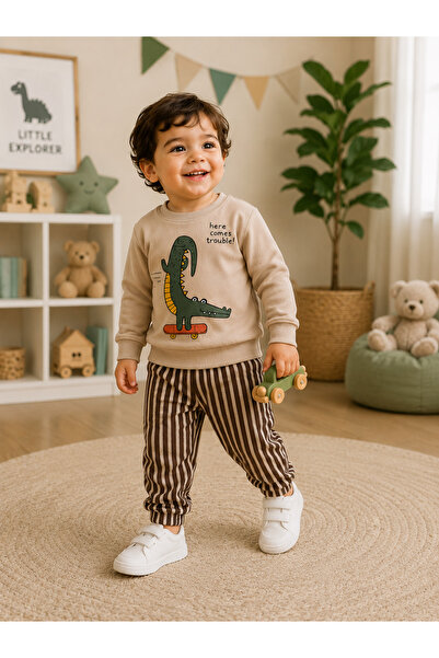 SERPİL Erkek Çocuk Dinazor Baskılı Eşofman Takımı Bej Uzun Kollu Sweatshirt K...