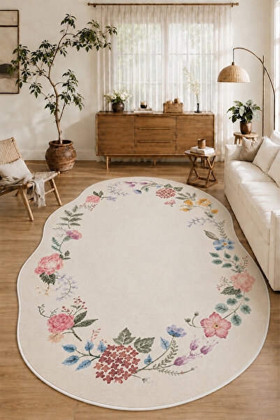 PINKIE HOME Dijital Kaymaz Yıkanabilir Çiçekli Modern Asimetrik Salon Halısı ...