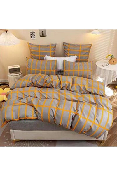 decorami Lenjerie pat dublu cu Elastic, bumbac satinat, Gri-Mustar, carouri
