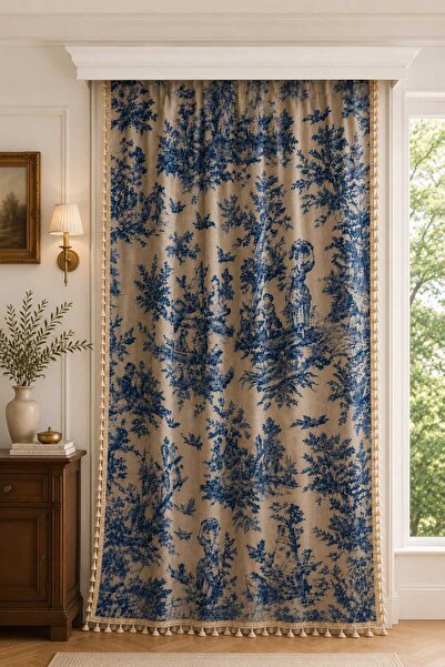 linea natura home Lacivert Fransız Köylü Desenli Fon Perde Kornişli 3 Kenar P...