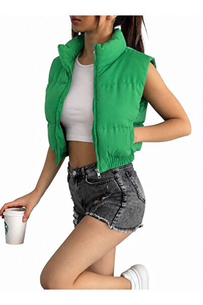 ladyzey vestă crop pentru femei, verde fistic, cu guler înalt și buzunare duble