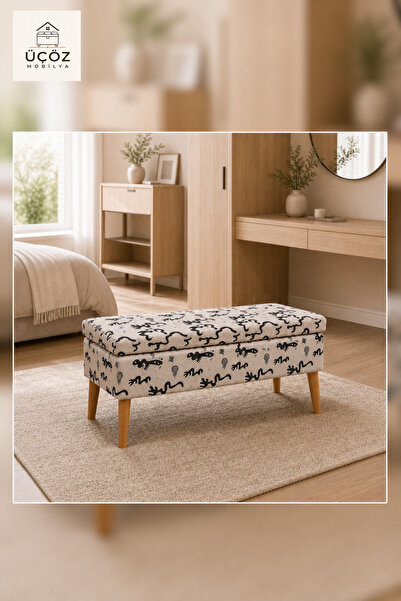 Modern Krem 80 cm Sandıklı Puf Bench Ahşap Ayaklı Depolama Oturma Bankı