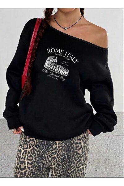 FUFLUNS Rome Italy Printed Oversized Women's Boat Neck Sweatshirt