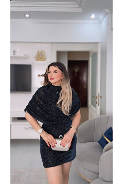 DENİZ Lacivert Drape Detaylı Full Taşlı Mini Elbise