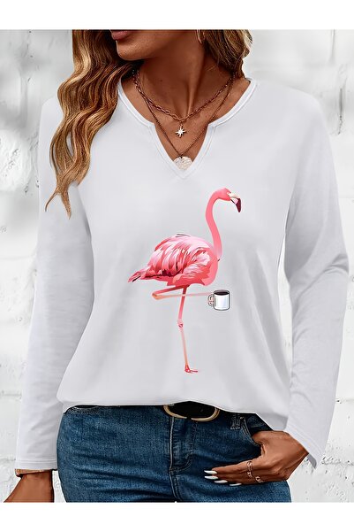 mercoledi Flamingo Printed Cotton Half V-Neck Long Sleeve Blouse