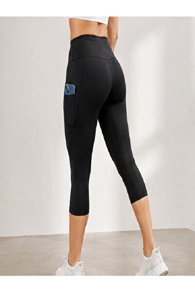 MOREYES Black High Waist Gathering Double Pocket Below Knee Diver Capri Leggings