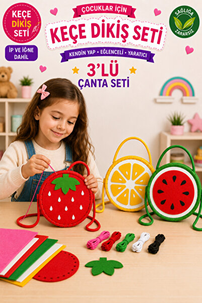Self Power 3 lü Eğitici Keçe Dikiş Çanta Seti – Çocuklar İçin El Becerisi Geliştirici DIY Çanta Yapım Kiti