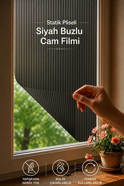 Deconitte Statik Pliseli Görünüm Siyah Buzlu Cam Filmi Yapışkansız Pencere Ca...