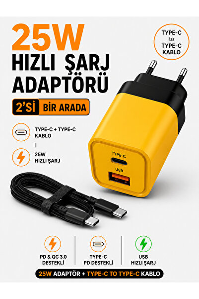 Moxti 25W Hızlı Şarj Adaptörü + Type-C to Type-C Kablo Seti | PD & QC 3.0 Des...