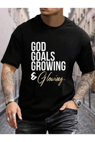 9TAY تي شيرت 100% قطن من God Goals Growing And Glowing، تي شيرت رجالي أسود بر...