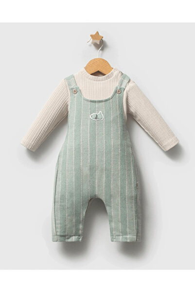 Momercy Baby Boy Green Color Striped Jumpsuit Salopet and Bodysuit