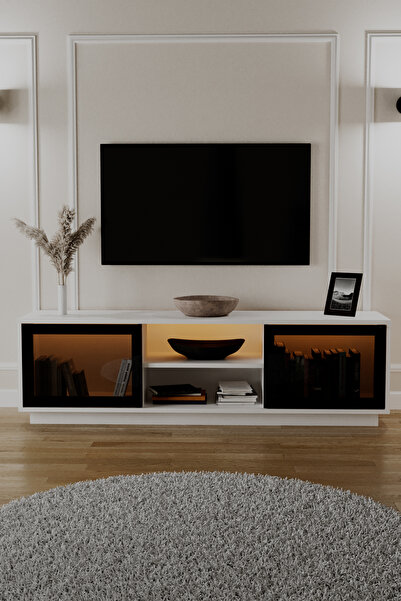 Evdemo Frame 2 Kapaklı Raflı Ledli Tv Ünitesi Beyaz
