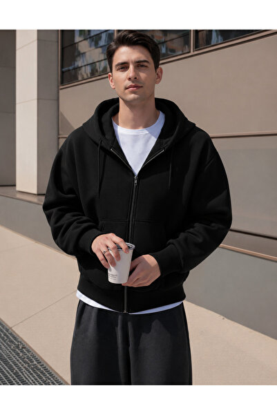 YAKAMEL ERKEK 3 İPLİK FERMUARLI KAPÜŞONLU OVERSİZE RAHAT SWEATSHIRT HIRKA