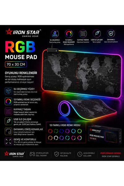 IRONSTAR RGB Oyuncu Mouse Pad 70x30 cm LED Işıklı Su Geçirmez Kaymaz Taban 13...