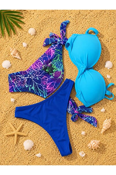 Nobrand Costum de Baie Damă 3 Piese – Sutien Push-Up Albastru, Slip Clasic și...
