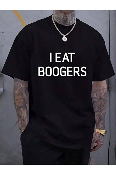 799 تي شيرت رجالي أسود 100% قطن بطباعة "I Eat Boogers" مضحك وساخر، مناسب للعا...