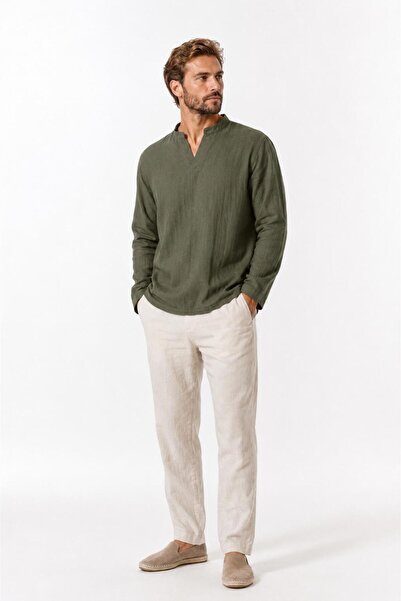 Suffa 100% Cotton Crinkle V-Neck Long Sleeve Shirt