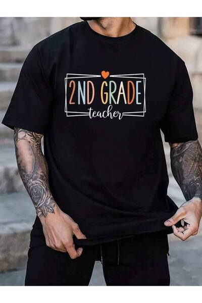 799 تي شيرت رجالي أسود 100% قطن للمعلمين من الصف الثاني، مناسب للعودة إلى الم...