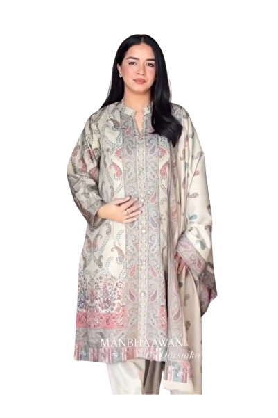 MYSMAR Beige Berry Silk Kurta Set with Maharaj Silk Bottom & Dupatta - FFT796...