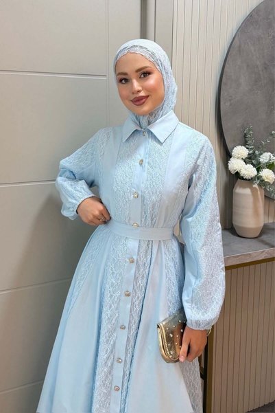 Şule Giyim Romantic Lace Detailed Dress Blue