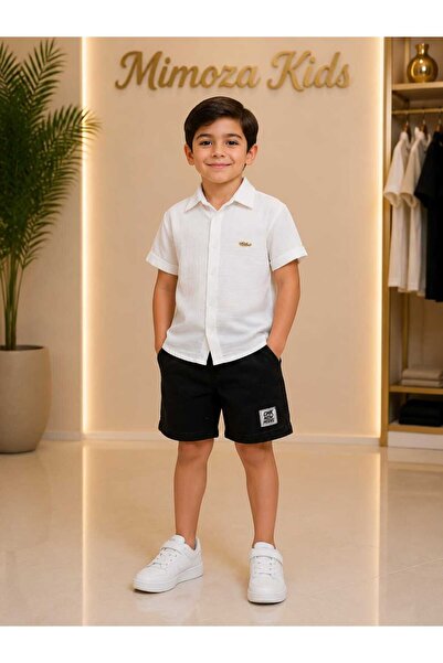 Mimoza Kids Erkek Çocuk Kısa Kollu Keten Görünümlü Gömlek Siyah Şortlu Kot Ya...