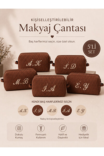 Beige & Stone Kahverengi Kişiye Özel Harf Nakışlı 5'li Pamuklu Hediyelik Kadı...
