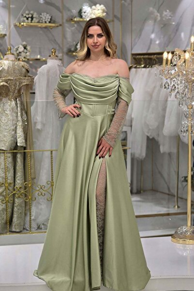 Yonca Moda Evi Su Yeşili Dantel Yırtmaçlı Saten B.B Abiye 214